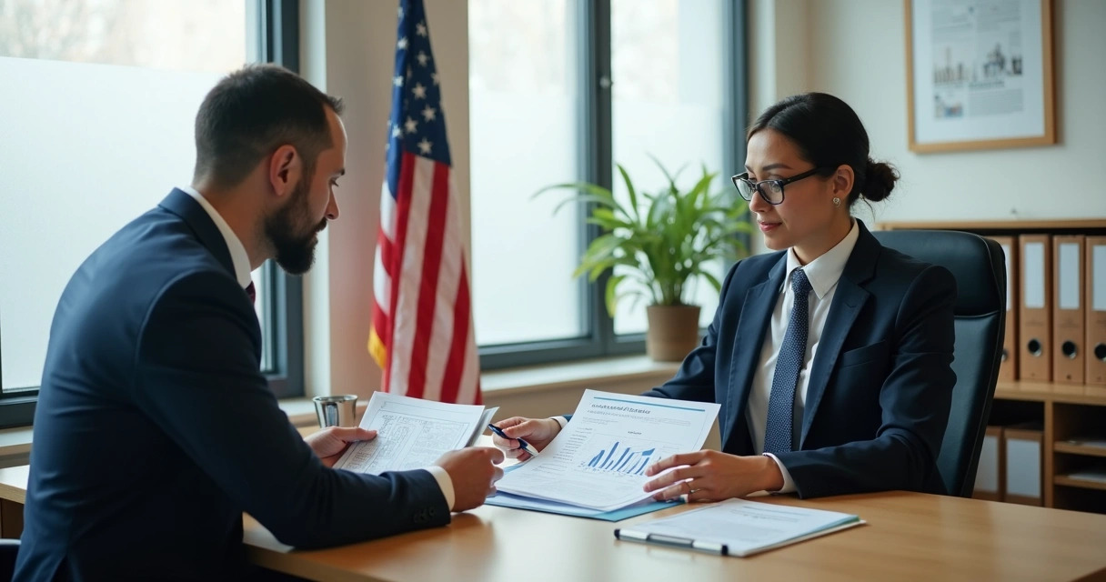 Consular officer interviewing an applicant with business plan documents at desk 