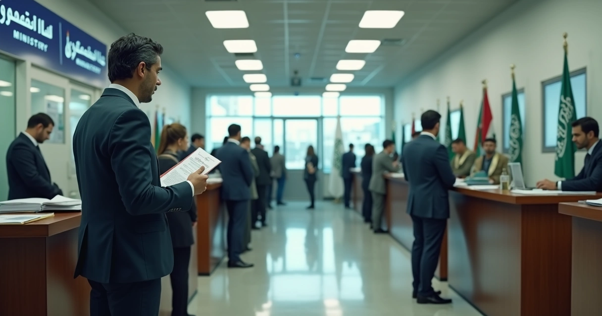 Saudi government queue at immigration office, canceled passports, and stressed HR staff 
