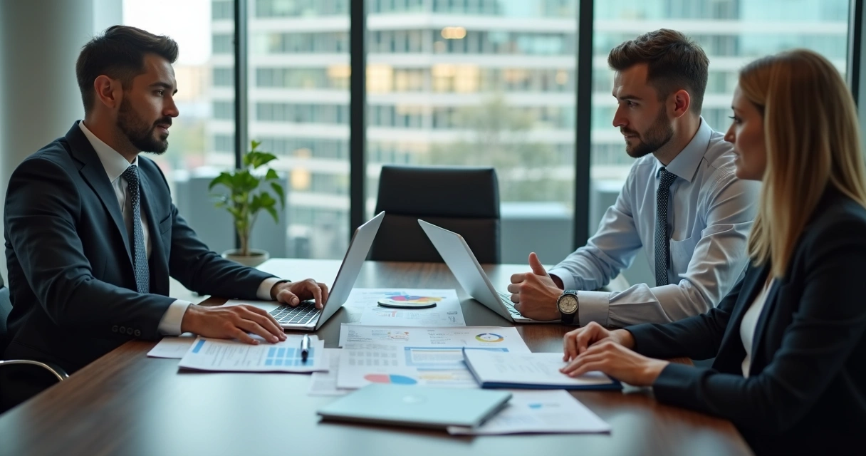 Law firm team discussing visa business plan strategy