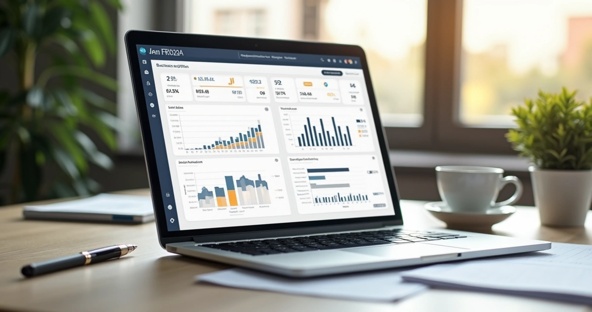 Laptop showing visa application with business plan dashboard. 