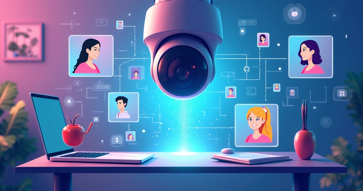 Câmera digital analisando imagens coloridas, exibindo caixas de identificação sobre rostos e objetos diversos 