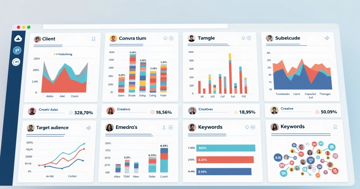Painel digital mostrando comparativo visual de resultados de campanhas por cliente, público, criativo e palavras-chave 