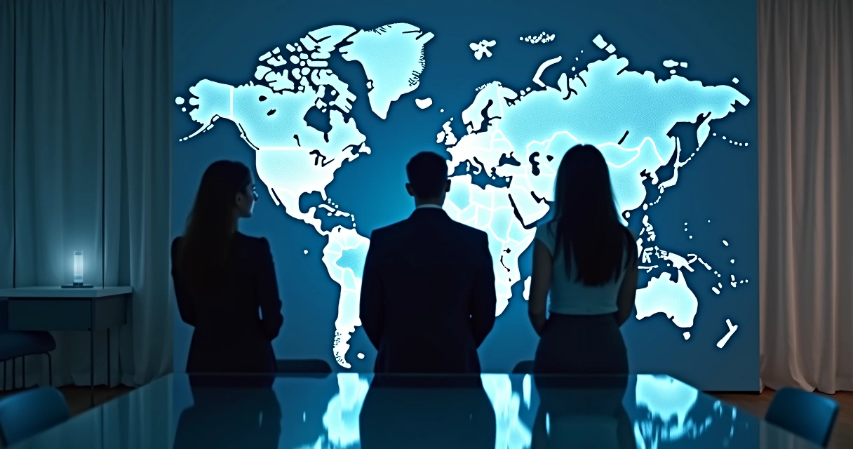 Visão futurista com equipe olhando dados em hologramas empresariais 