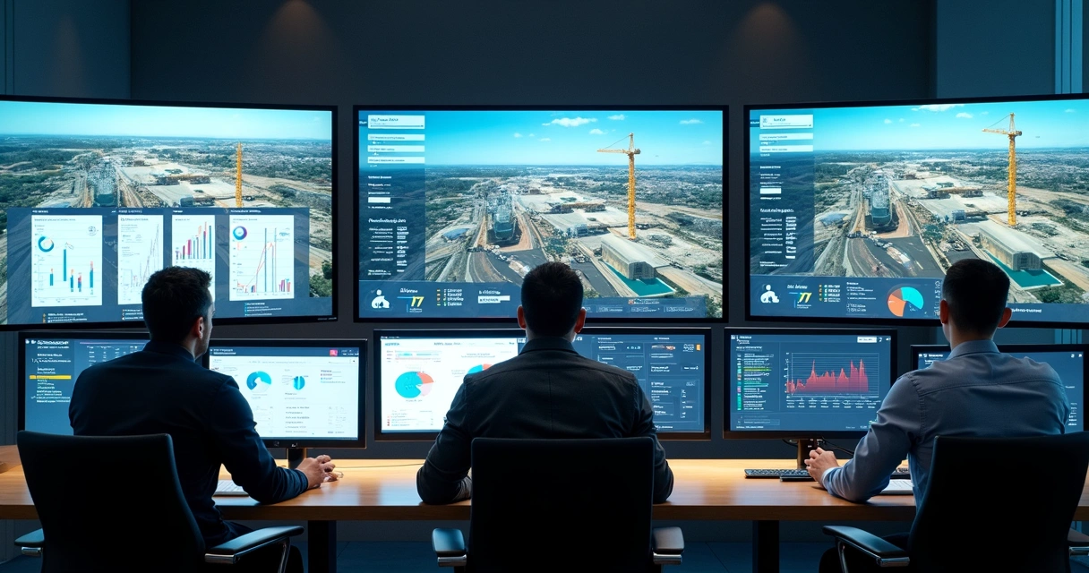 Dashboard de indicadores visuais de obra com gráficos de progresso, comparativos e alertas 