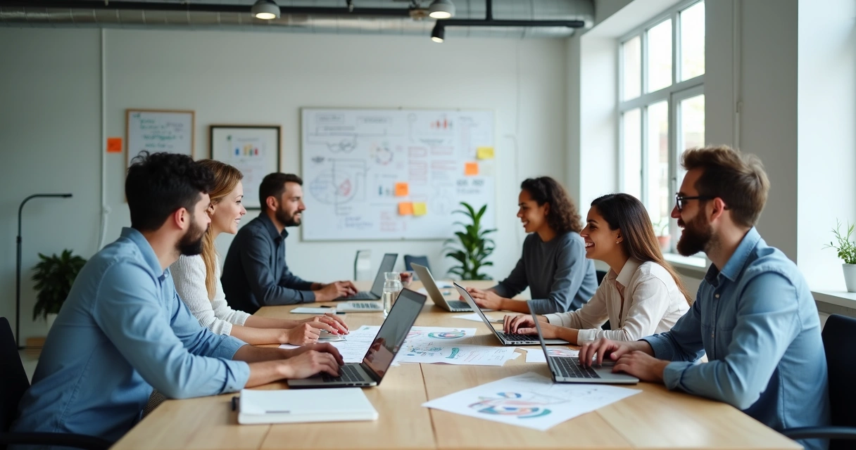 Equipe reunida ao redor de uma mesa planejando o lançamento de um site profissional 