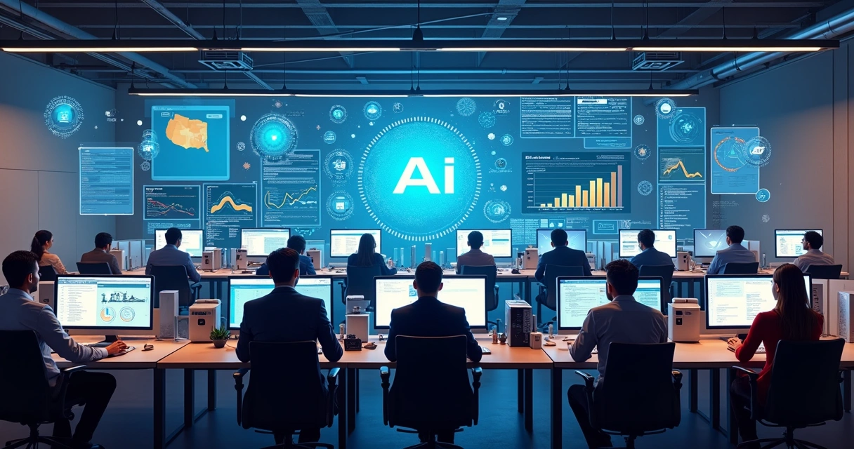 Ambiente corporativo com agentes de IA integrados e equipes colaborando 