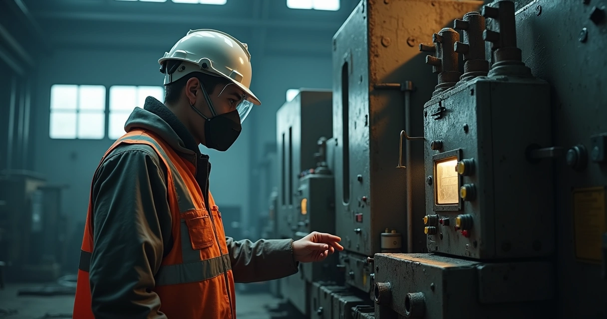 Engenheiro observa máquina industrial em ambiente com pouca iluminação 
