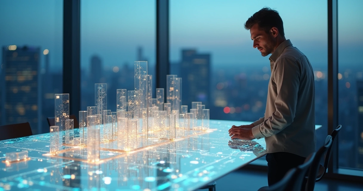 Líder analisa maquete translúcida de cidade com detalhes em destaque 