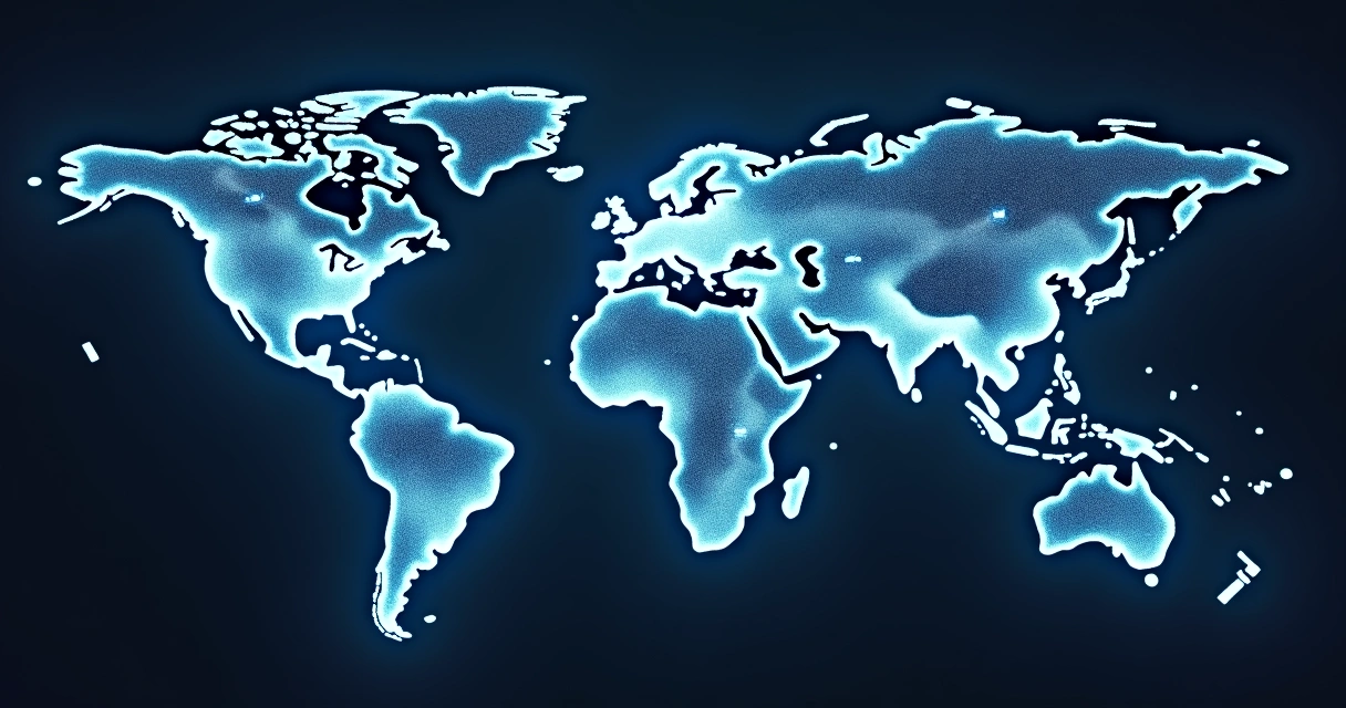 Rede de pessoas conectadas por linhas brilhantes sobre um mapa-múndi azul escuro