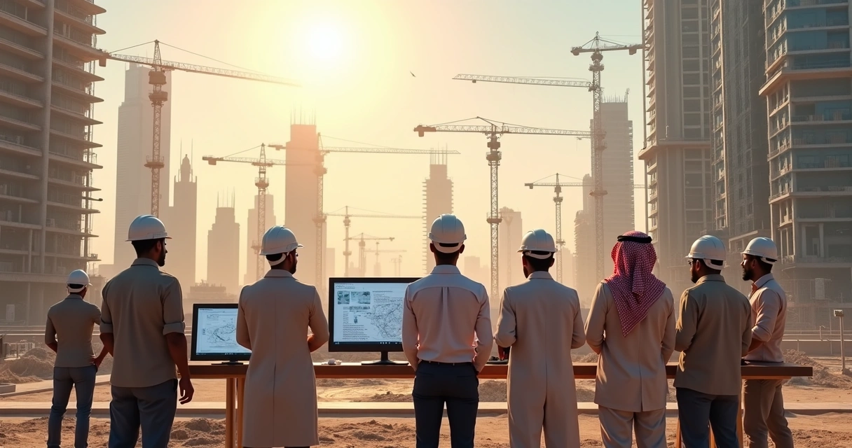 Engineers and consultants working at a futuristic construction site in Saudi Arabia, with cranes, steel skeletons, and digital blueprints. 