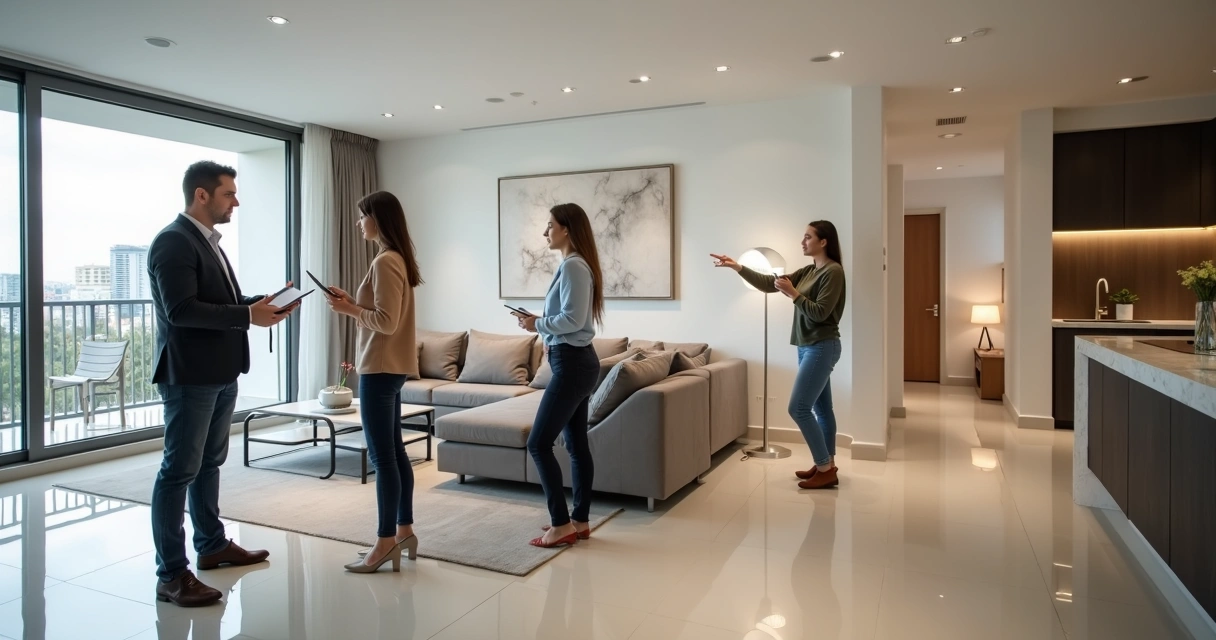 Casal visitando apartamento iluminado em Campinas 