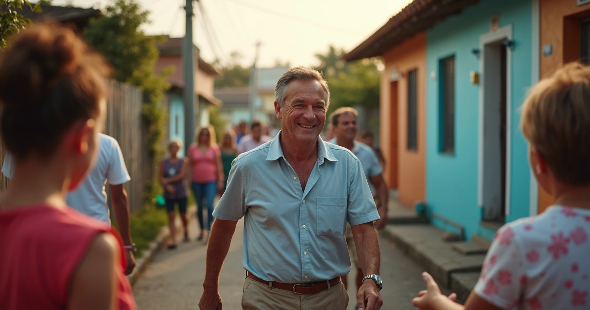 Candidato caminhando por bairro com apoiadores, falando com moradores em frente às casas 