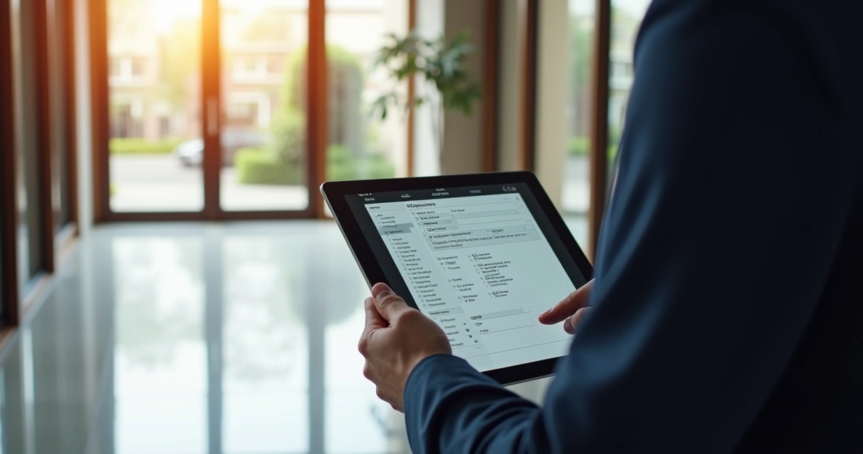 Síndico registrando visita ao condomínio, anotando informações digitalmente