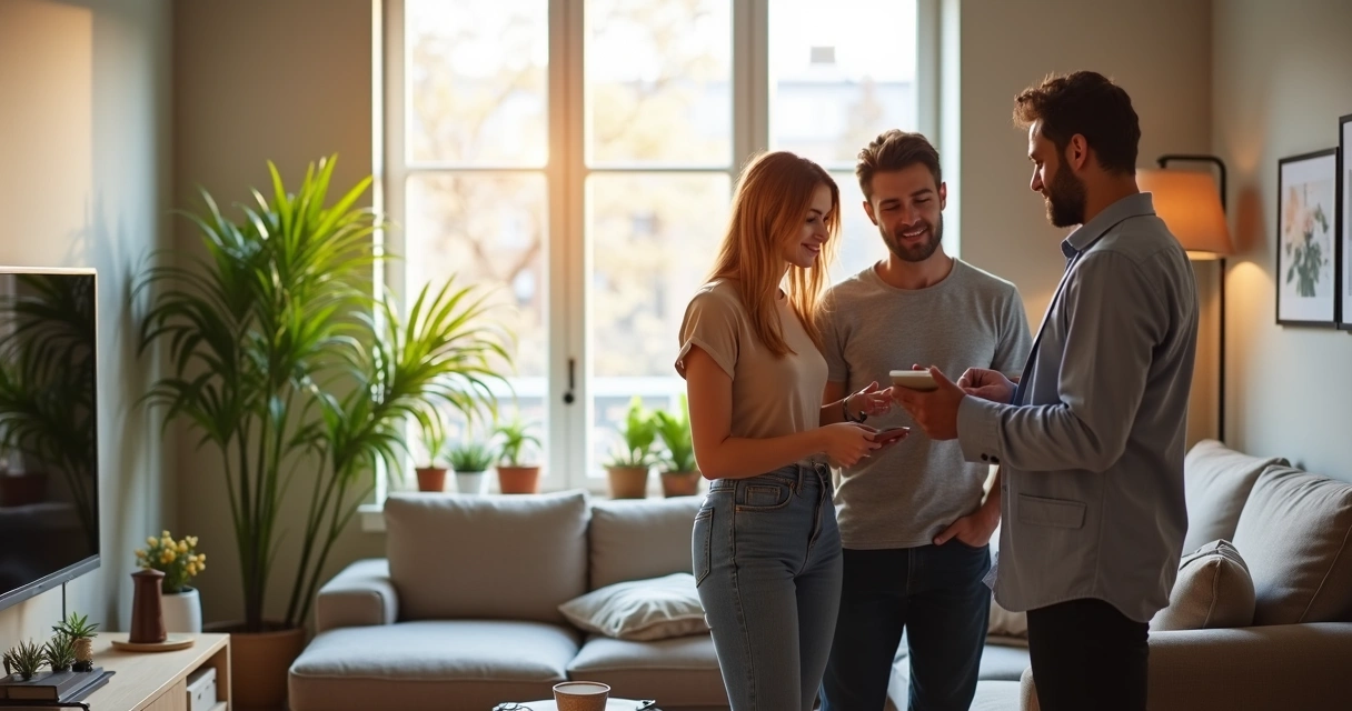 Casal jovem visitando apartamento decorado com corretor 