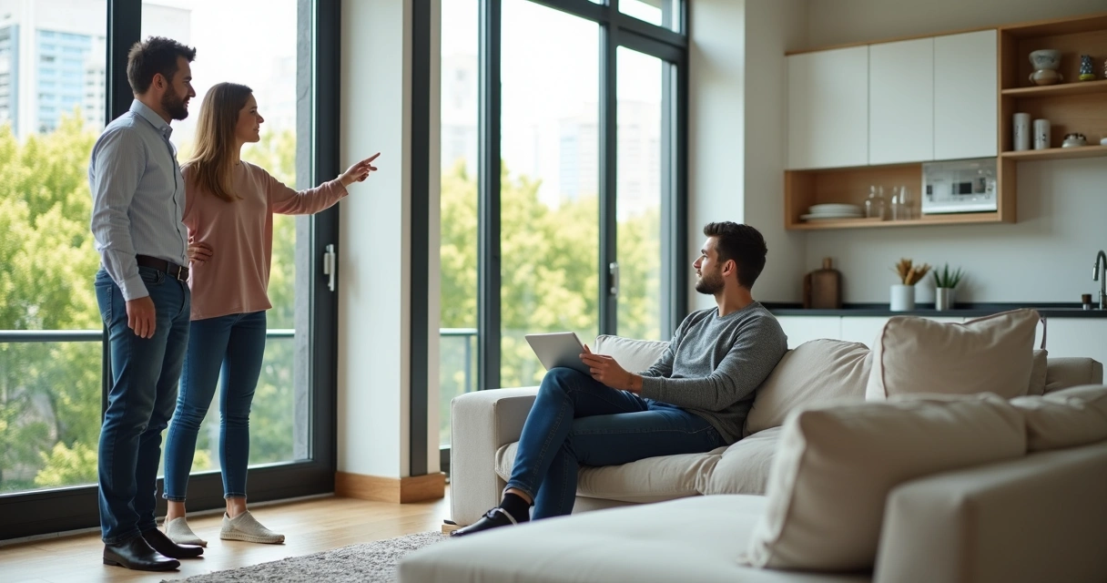 Corretor apresentando apartamento para casal durante visita guiada