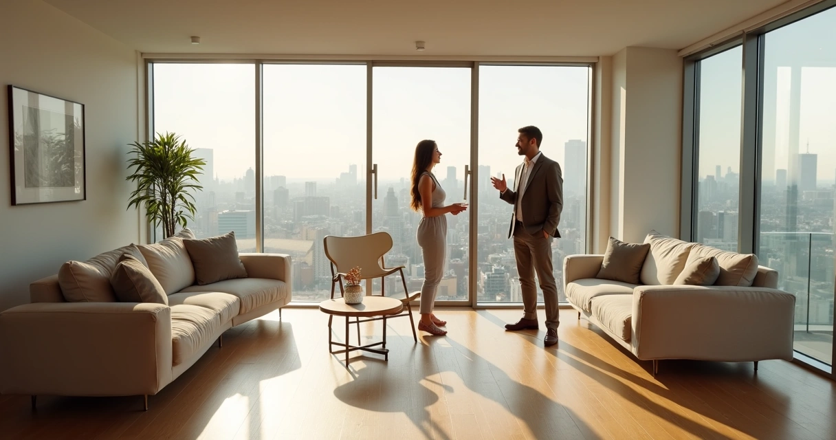 Corretor apresenta sala iluminada em apartamento vazio 