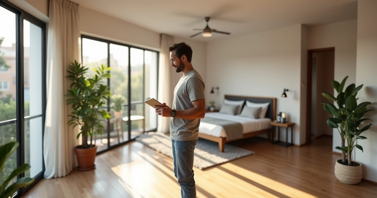 Corredor de apartamento aberto exibindo sala mobiliada e janelas ao fundo 