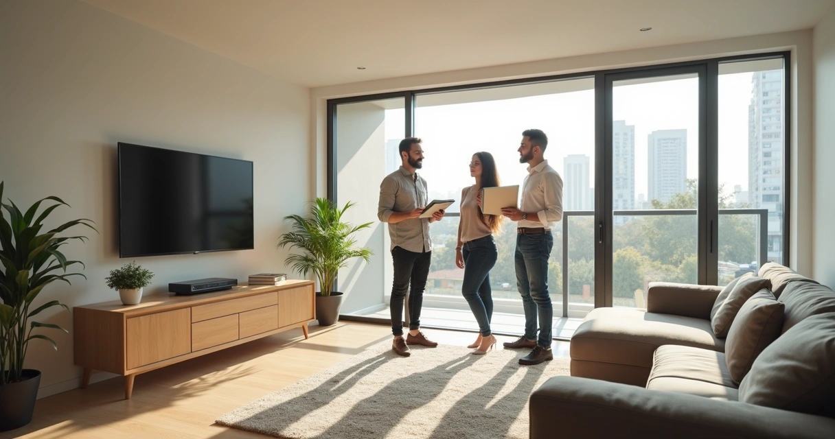 Corretor mostrando apartamento para casal durante visita 