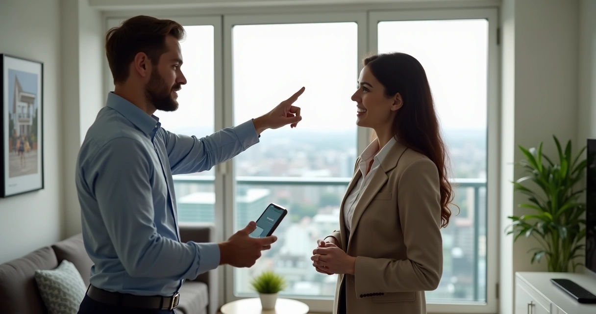 Corretor mostrando detalhes do imóvel para cliente durante visita guiada 