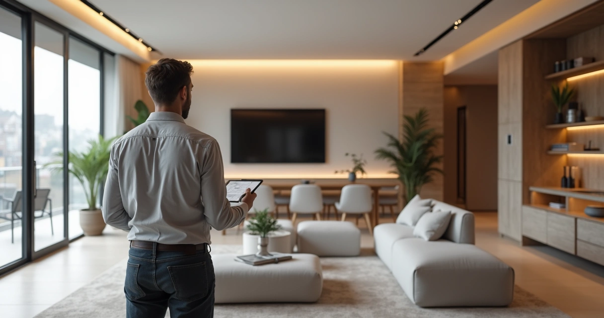 Arquiteto avaliando sala de estar com design moderno e planta baixa na mão 