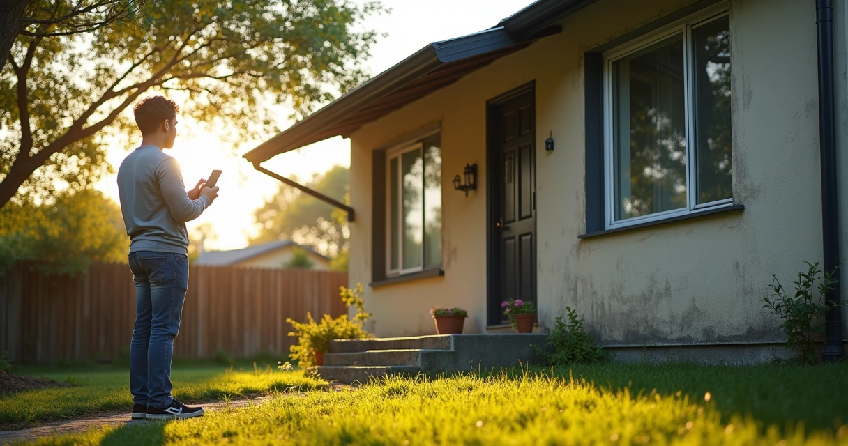 Pessoa avaliando imóvel residencial por fora antes do leilão 