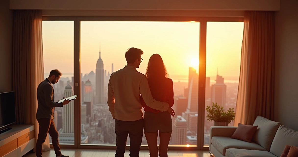 Casal apreciando vista de apartamento durante visita