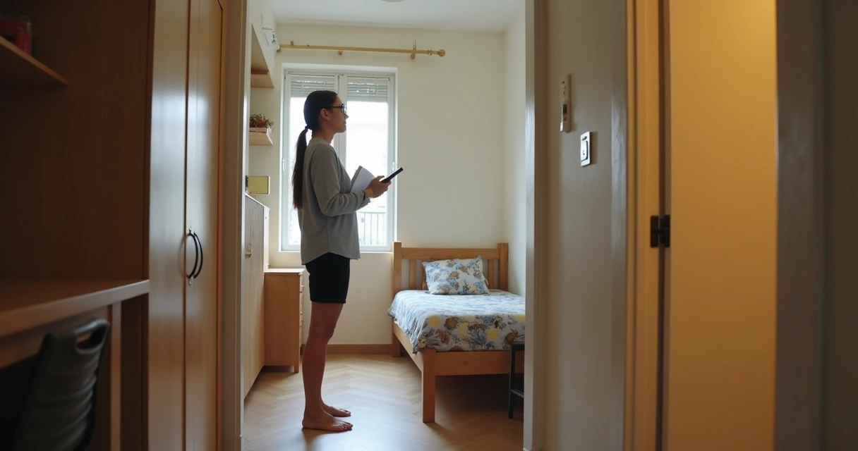 Pessoa visitando quarto mobiliado para aluguel 