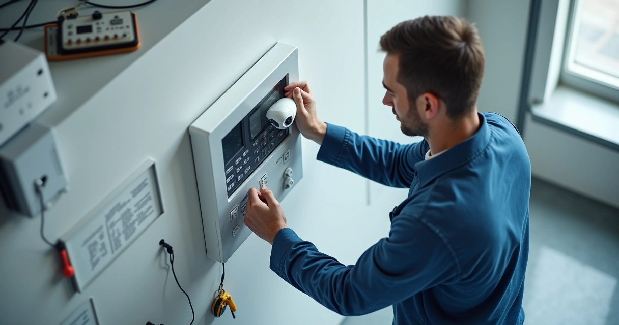 Técnico faz vistoria em câmera e central de alarme 