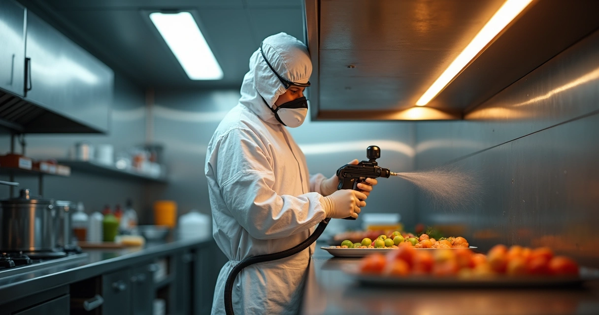 Técnico aplicando produto durante visita de controle de pragas.