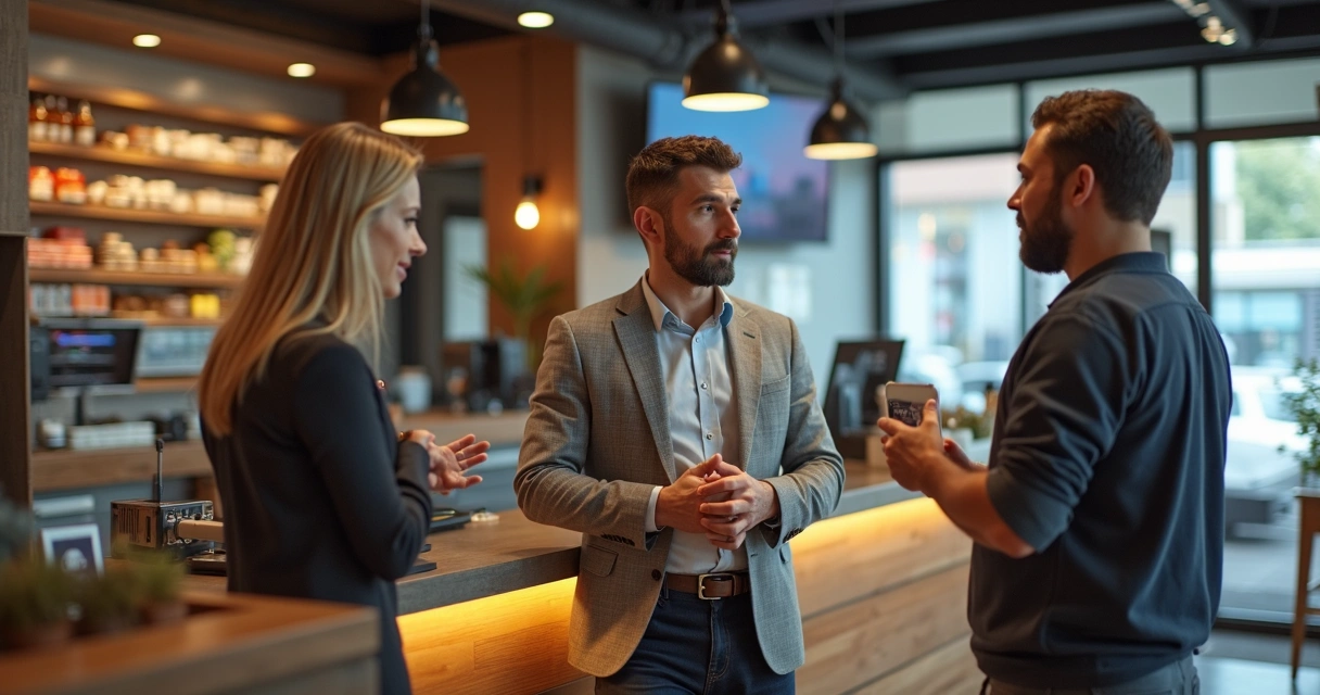 Investidor conversando com franqueado em loja de franquia moderna. 