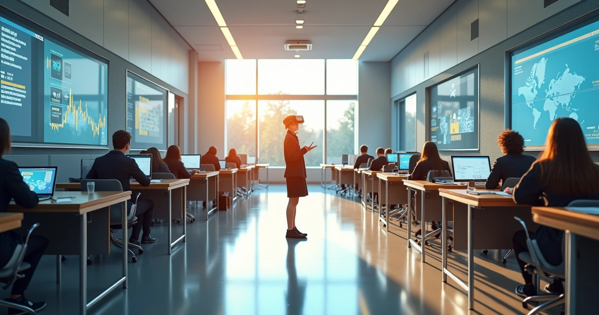 Tour virtual por campus universitário com tecnologia 360º, mostrando salas de aula modernas