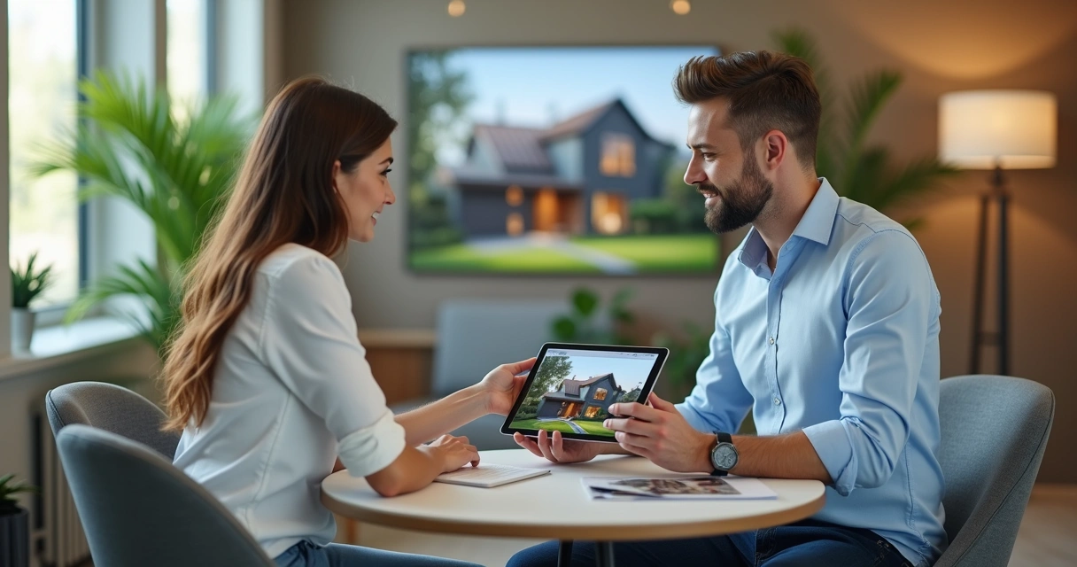 Corretor mostrando tour virtual de imóvel ao cliente no tablet 
