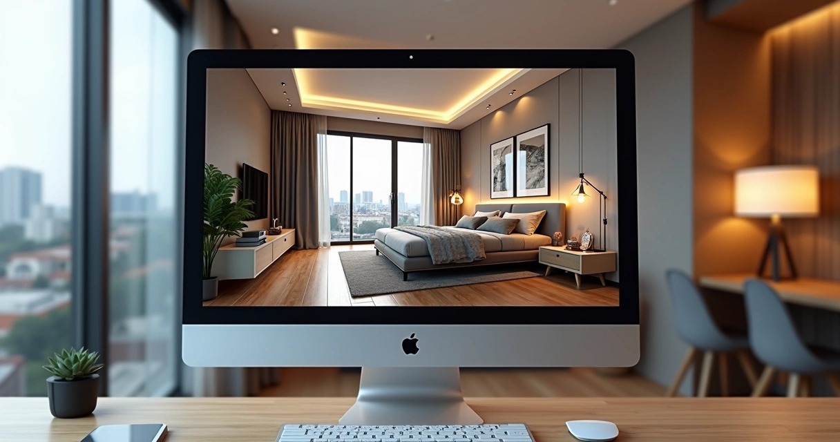 Tela de computador exibindo visita virtual 3D de imóvel moderno com interior mobiliado e cenário urbano ao fundo 