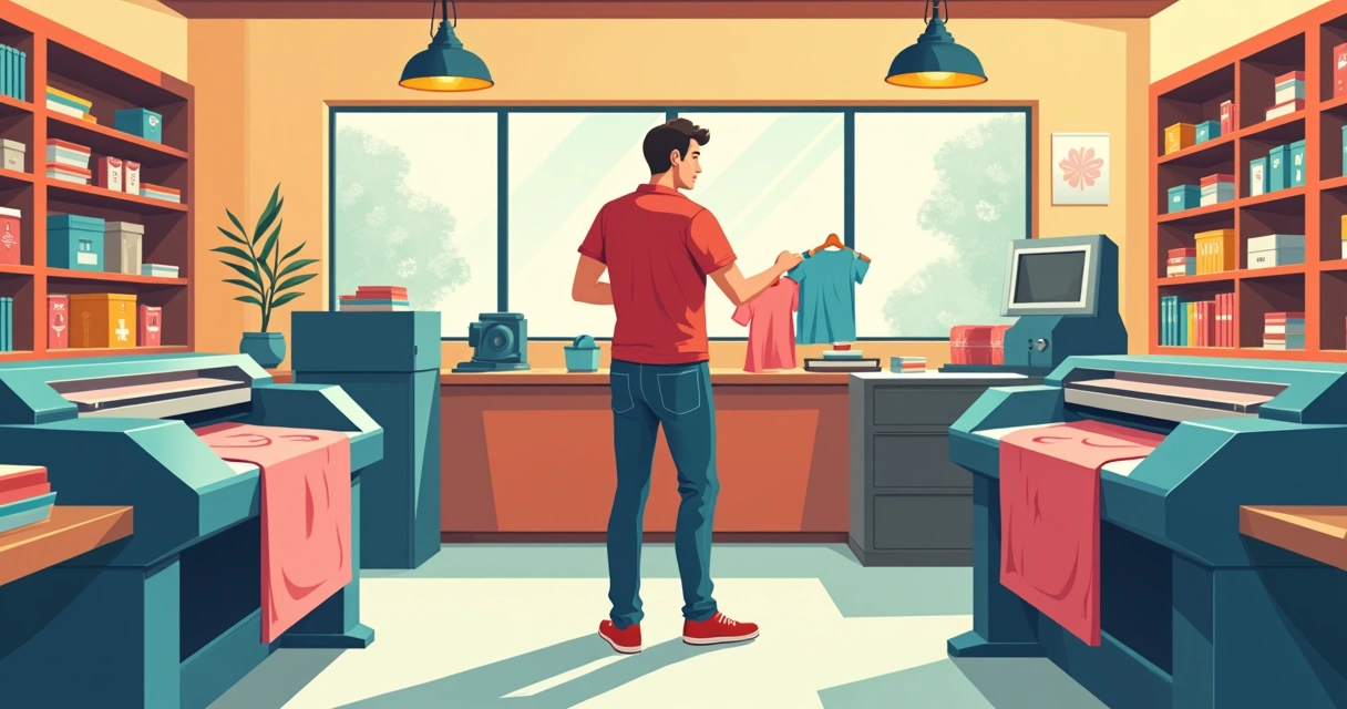 Cliente visitando estamparia local avaliando qualidade 