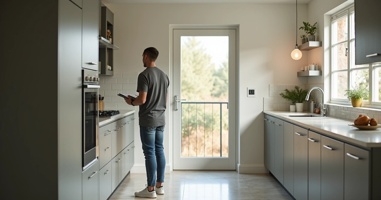 Pessoa visitando kitnet, observando detalhes do espaço interno e janelas 