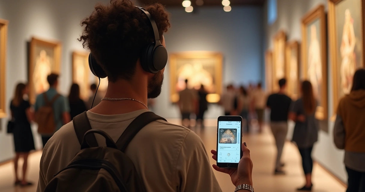 Pessoa usando fone de ouvido e smartphone com audioguia em exposição 