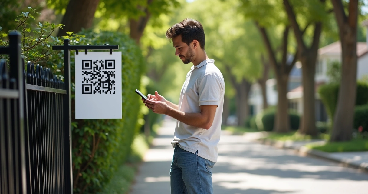 Pessoa com celular escaneando QR code em placa de imóvel