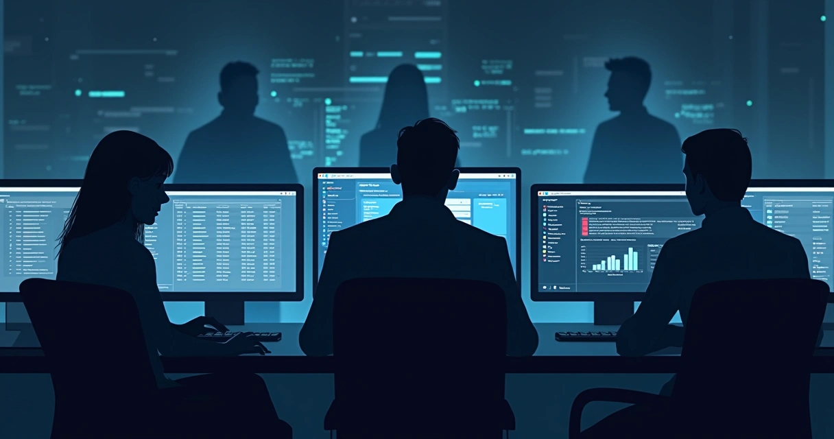 Pessoas representadas como silhuetas anônimas navegando em computadores em um site escuro 