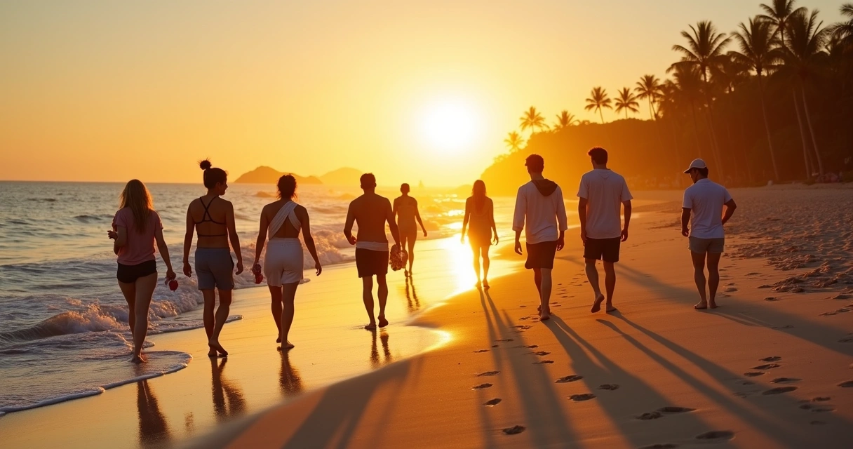 Grupo de visitantes caminhando na praia ao entardecer em Ilhéus 