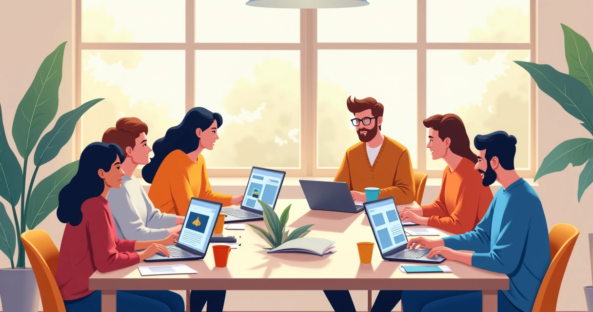 Visitantes conhecendo conteúdos em laptops