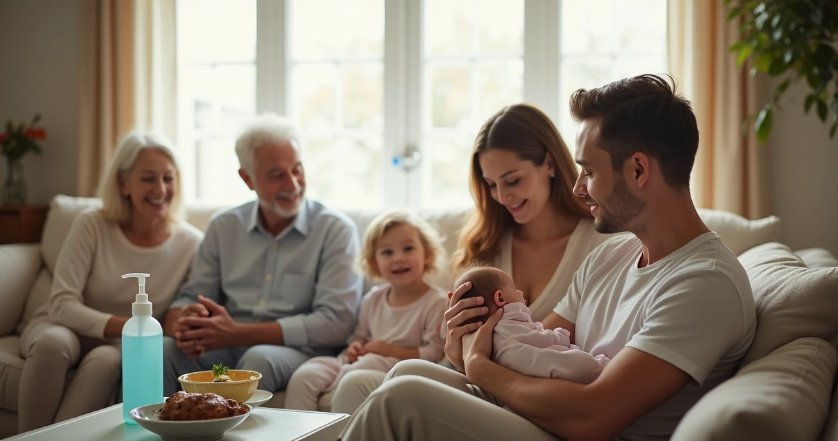 Família recebendo visitas após nascimento do bebê 