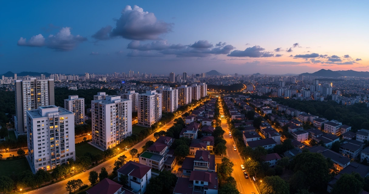 Vista aérea de prédios residenciais em BH e Contagem ao entardecer 