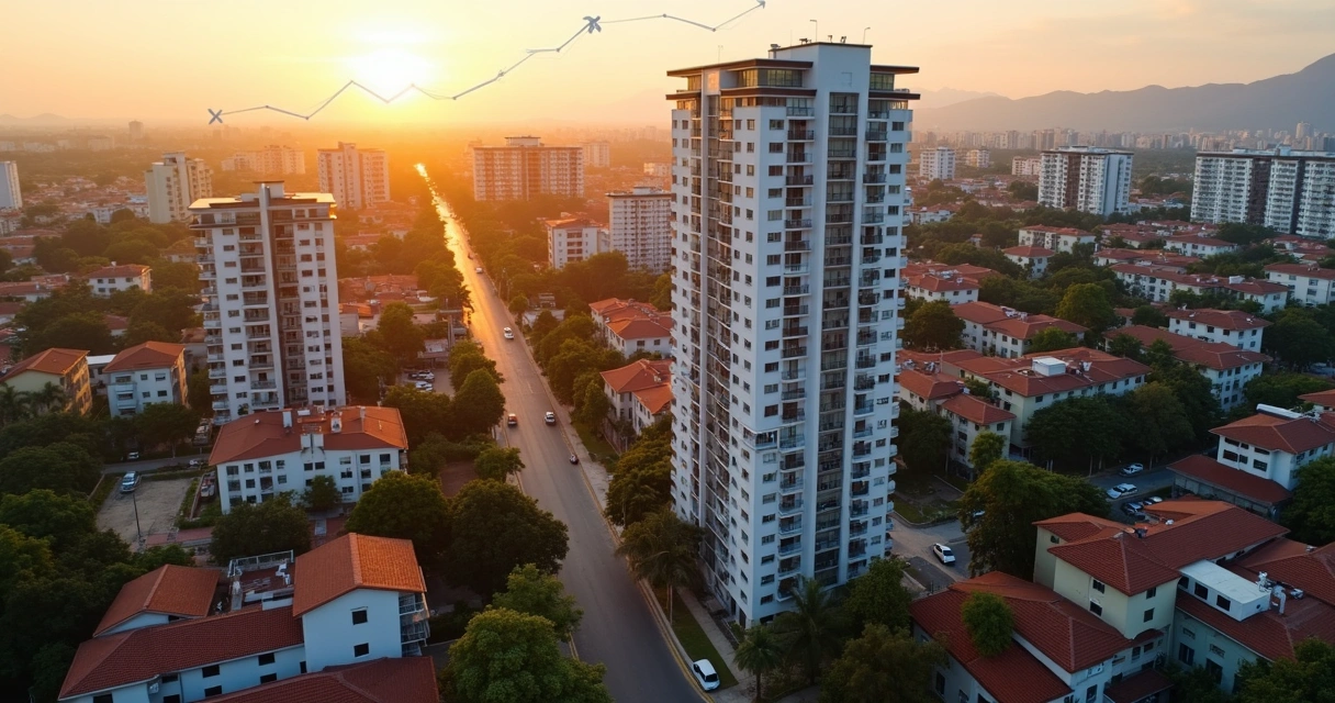 Vista aérea de bairros valorizados de Contagem com prédios e casas ao pôr do sol 