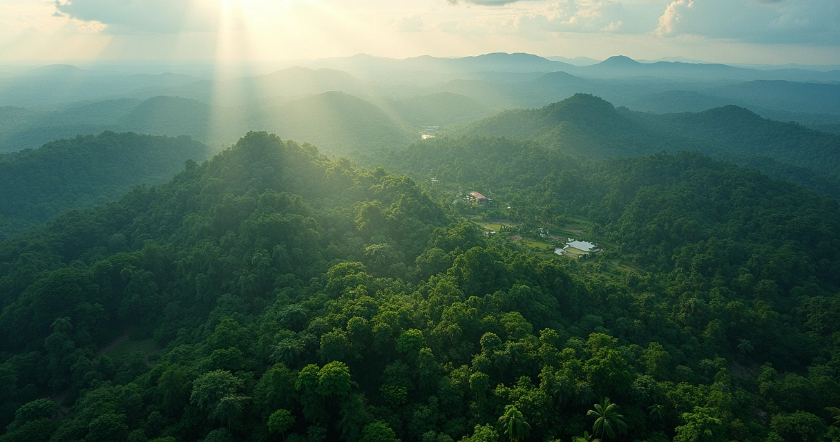 Vista aérea de floresta e sobreposição de dados de satélite em tons azuis e verdes 