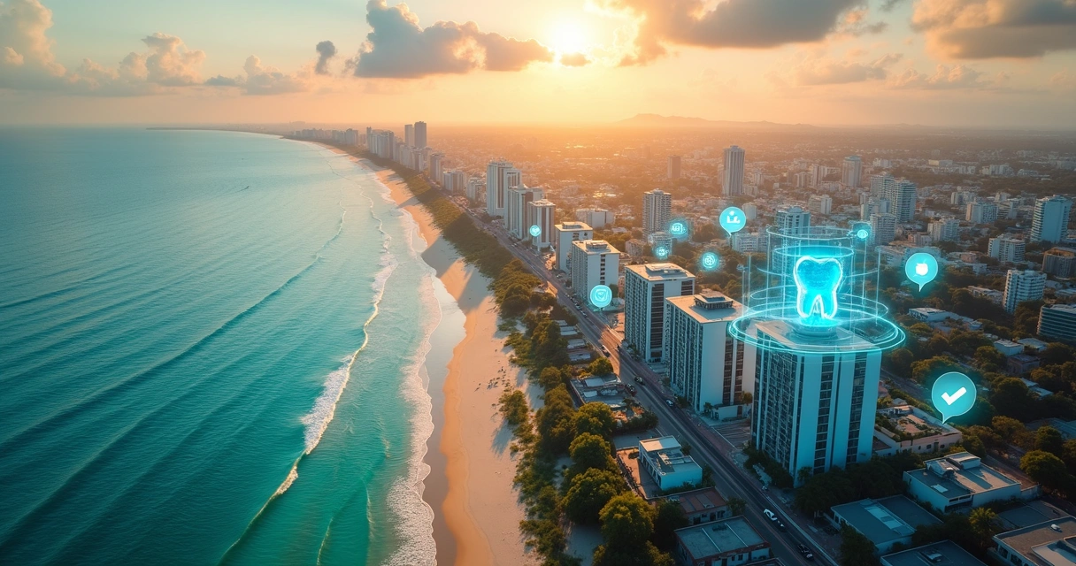 Vista aérea de Maceió com ícones digitais de marketing e odontologia sobrepostos 