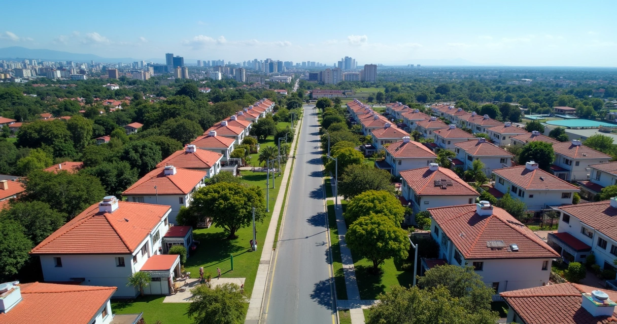 Vista aérea de bairros residenciais com áreas verdes e infraestrutura urbana em Paulínia, SP 