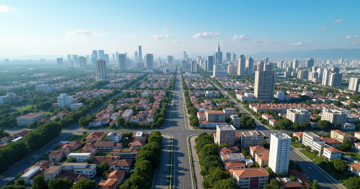 Vista aérea urbana de Paulínia com áreas residenciais, edifícios comerciais e áreas verdes 
