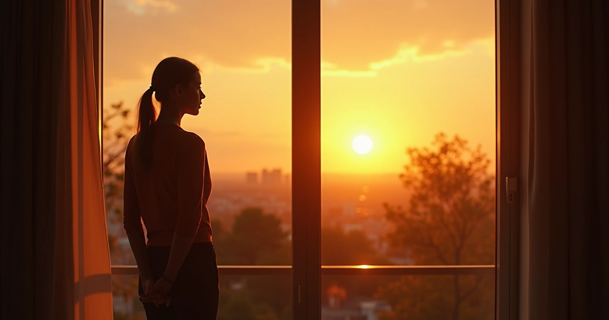 Pessoa olhando pela janela em atitude reflexiva ao entardecer 