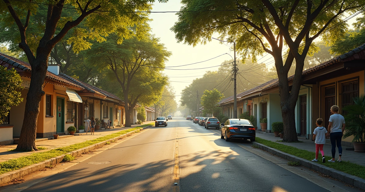 Rua arborizada de bairro residencial com casas e comércio local 