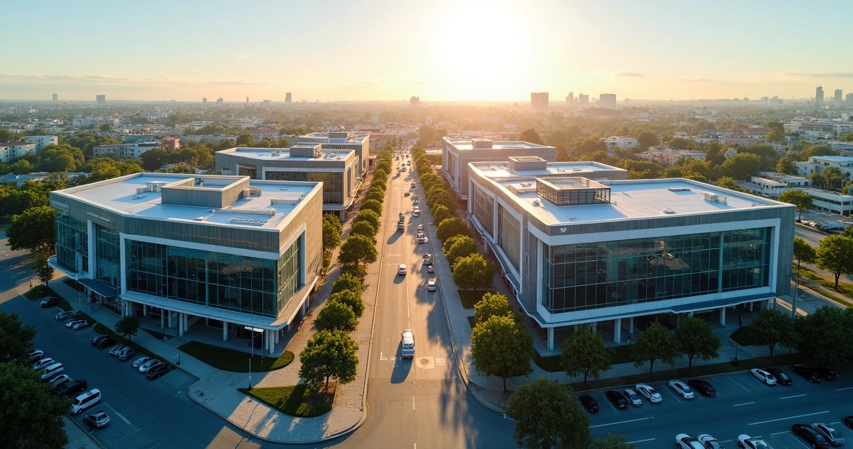 Vista aérea do centro empresarial de Betim com prédios comerciais 